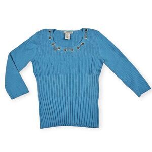 Requirements Blue Knit 3/4 Sleeve Vintage Silver Chain Detail Top Women's Size L